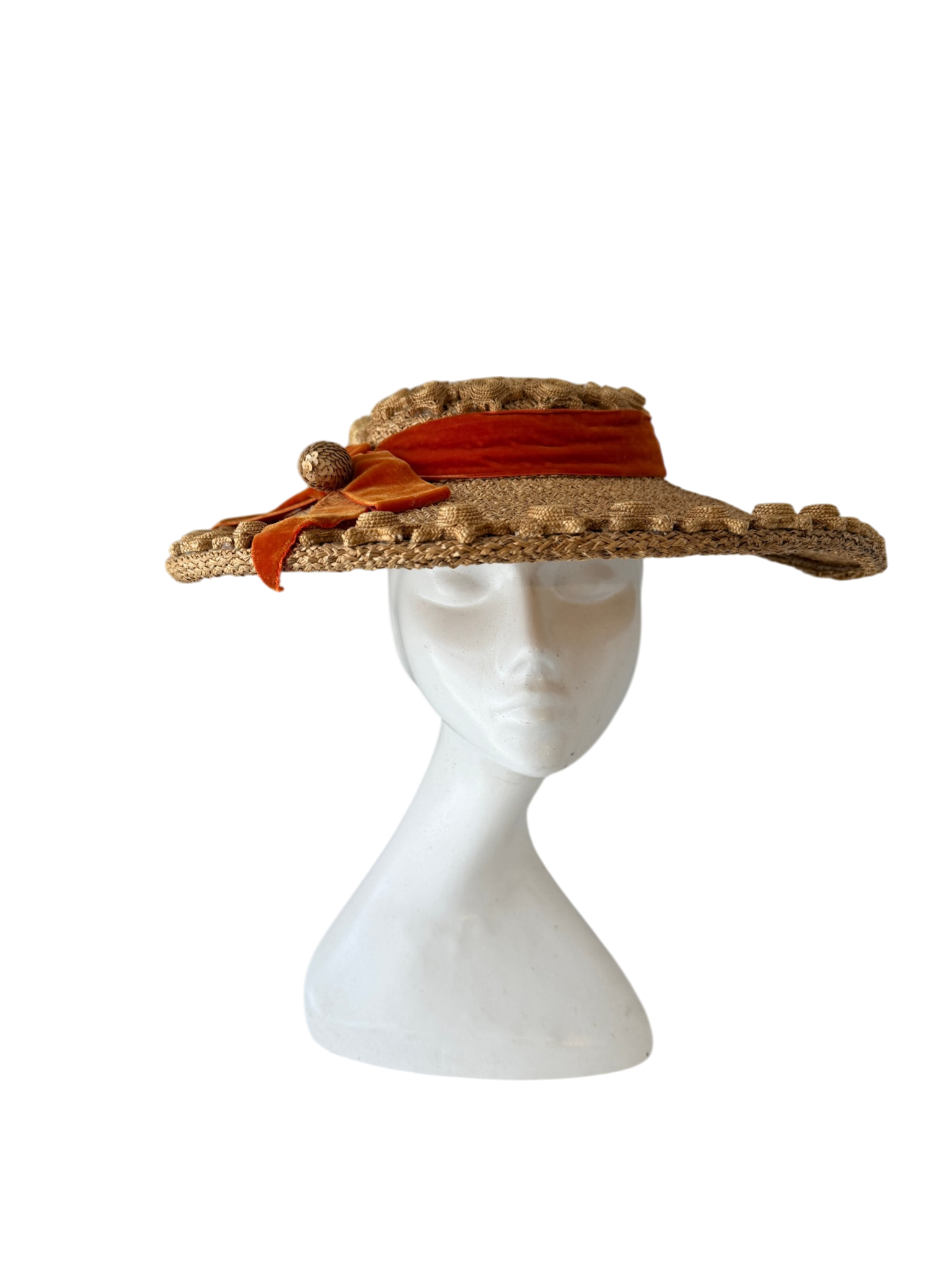 1950s Quality House Chapeaux natural straw fascinator hat with starafish and acorn details finished with an orange velvet bow band