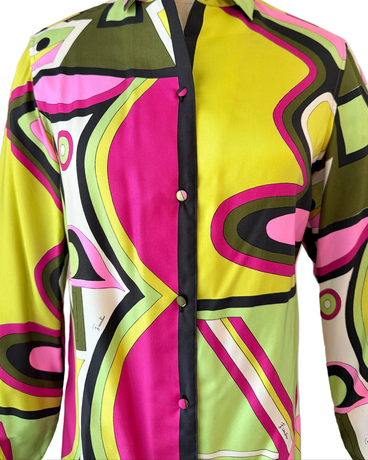 1960s Emilio Pucci for Saks Fifth Avenue Italian Silk Geometric Print Button-Front Blouse