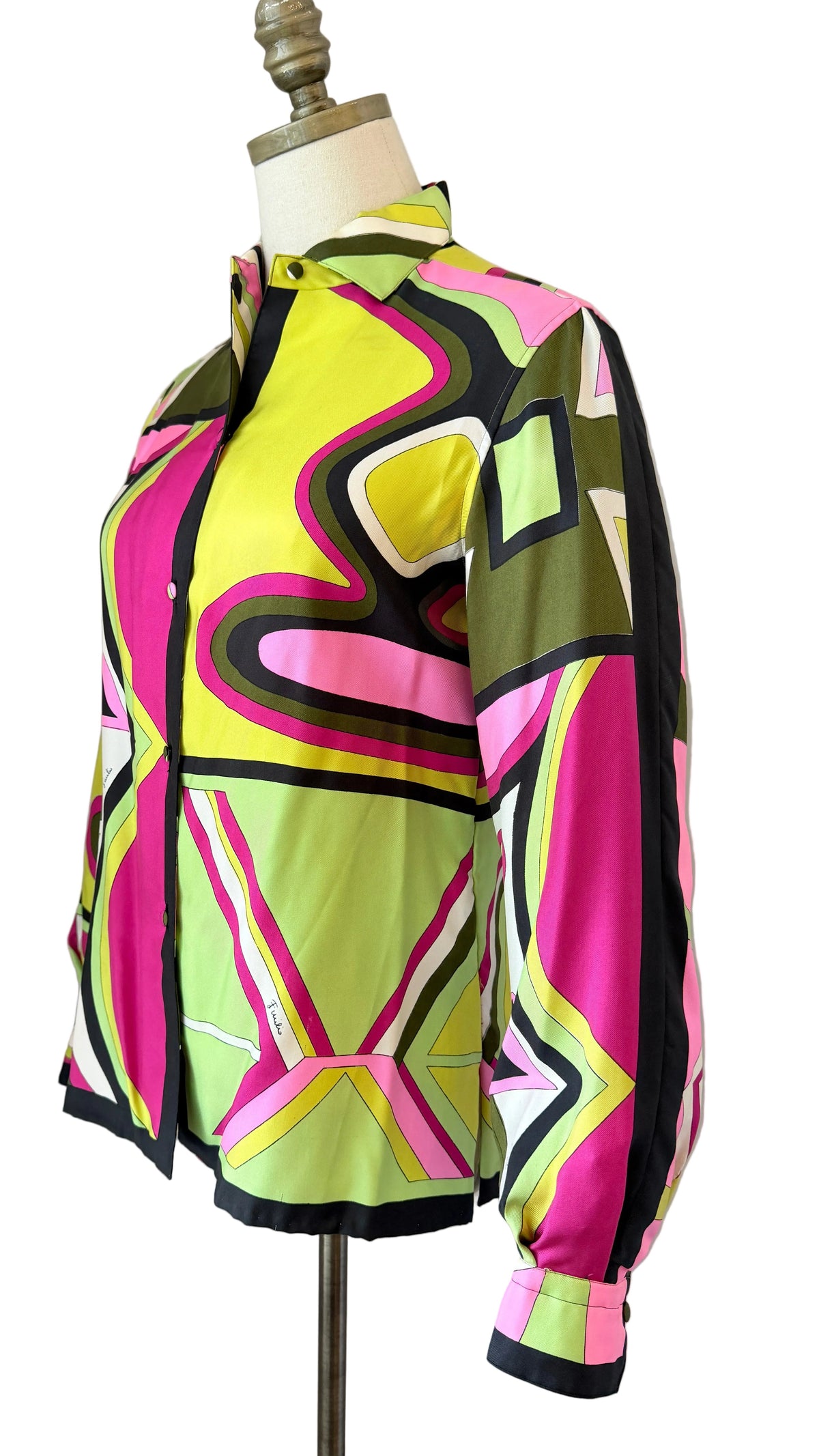 1960s Emilio Pucci for Saks Fifth Avenue Italian Silk Geometric Print Button-Front Blouse