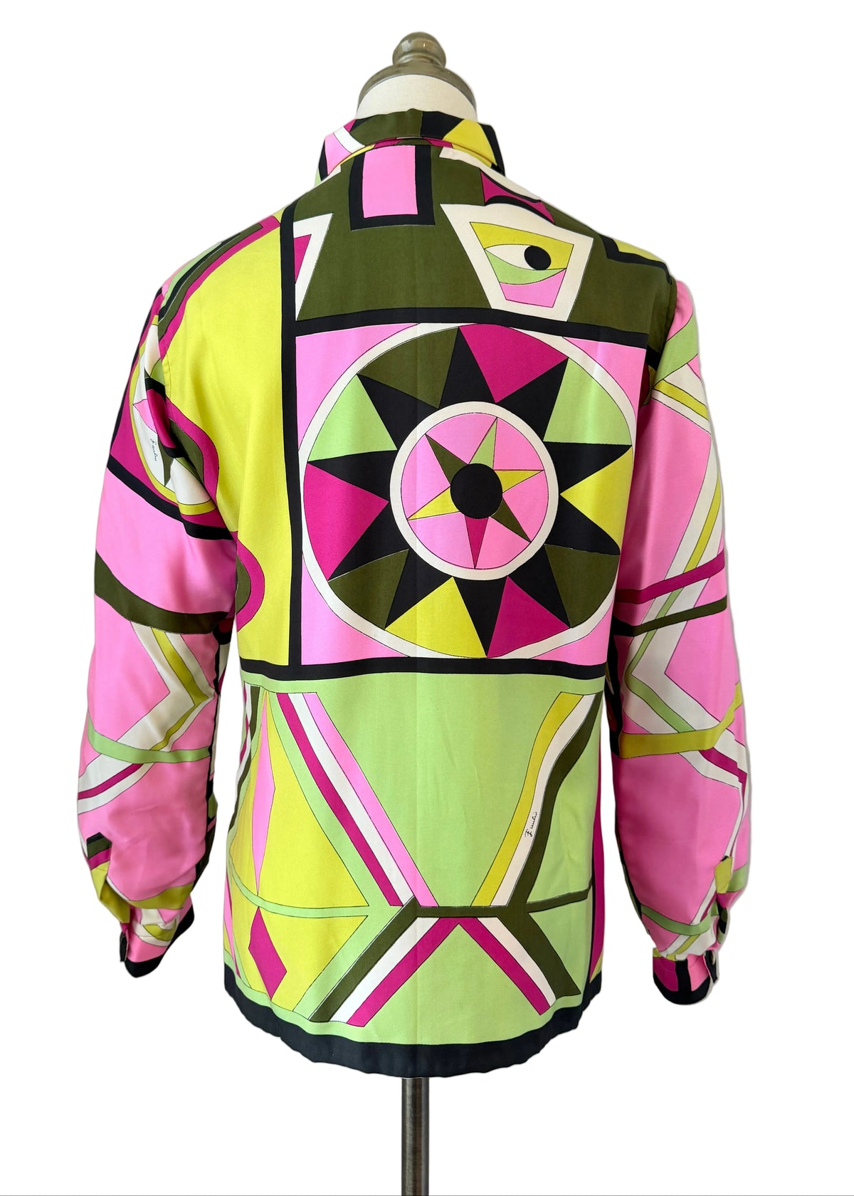 1960s Emilio Pucci for Saks Fifth Avenue Italian Silk Geometric Print Button-Front Blouse