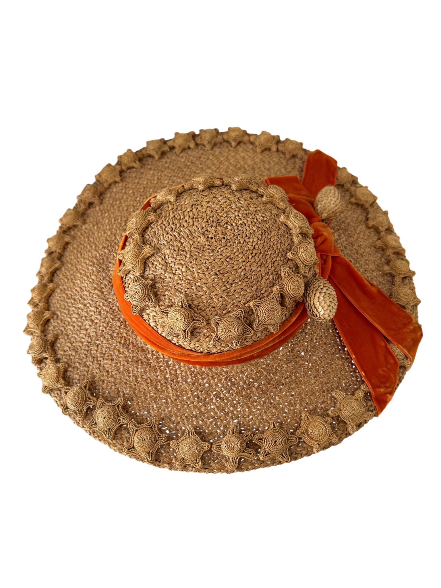 1950s Quality House Chapeaux natural straw fascinator hat with starafish and acorn details finished with an orange velvet bow band