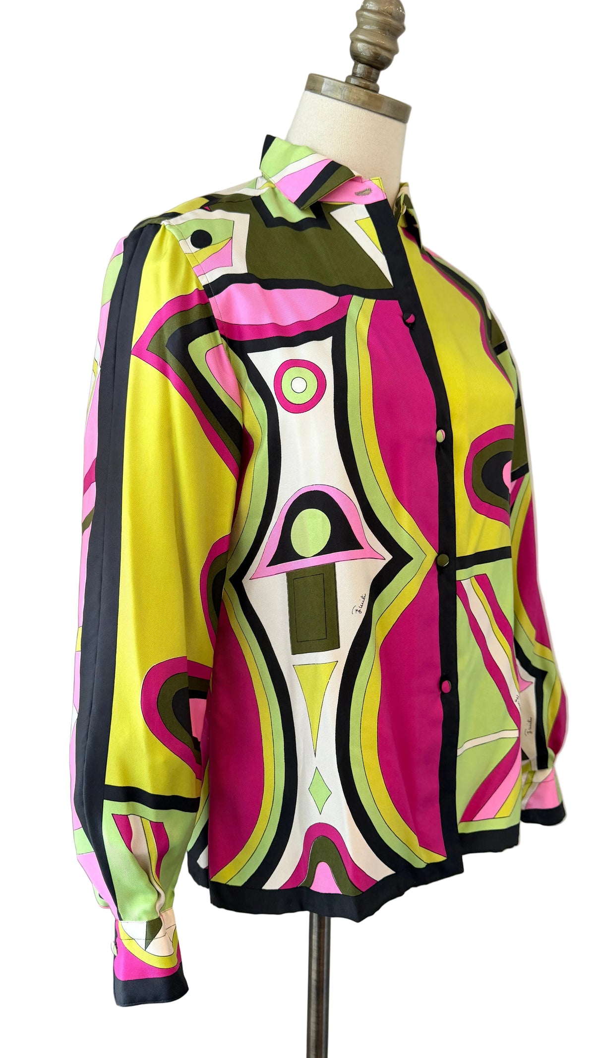 1960s Emilio Pucci for Saks Fifth Avenue Italian Silk Geometric Print Button-Front Blouse