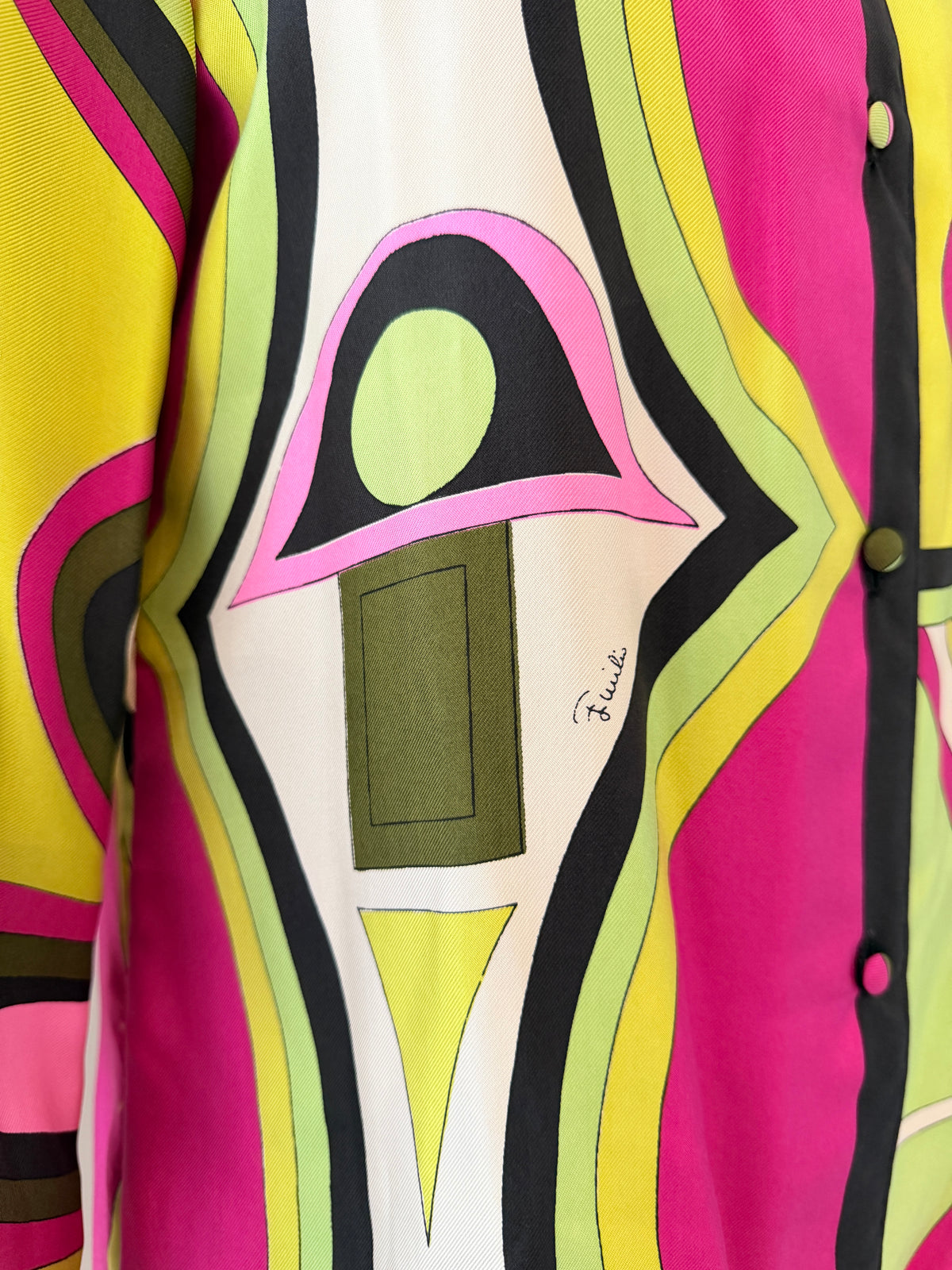 1960s Emilio Pucci for Saks Fifth Avenue Italian Silk Geometric Print Button-Front Blouse