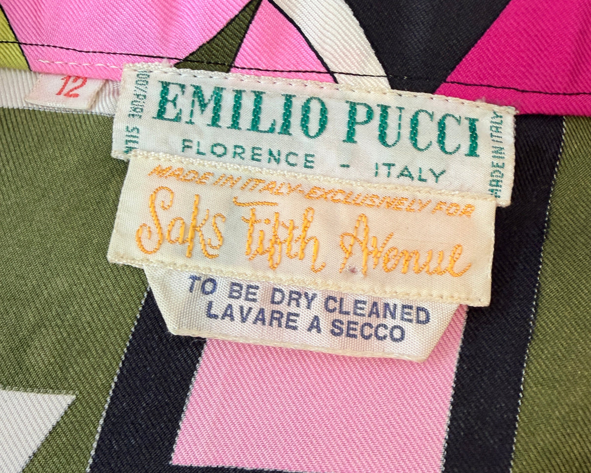 1960s Emilio Pucci for Saks Fifth Avenue Italian Silk Geometric Print Button-Front Blouse