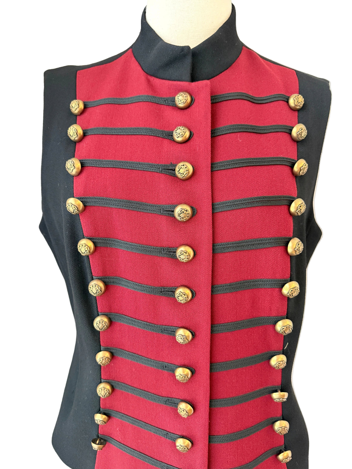 1980s DKNY Burgundy & Black Wool Military-Inspired Vest with Triple Brass Buttons