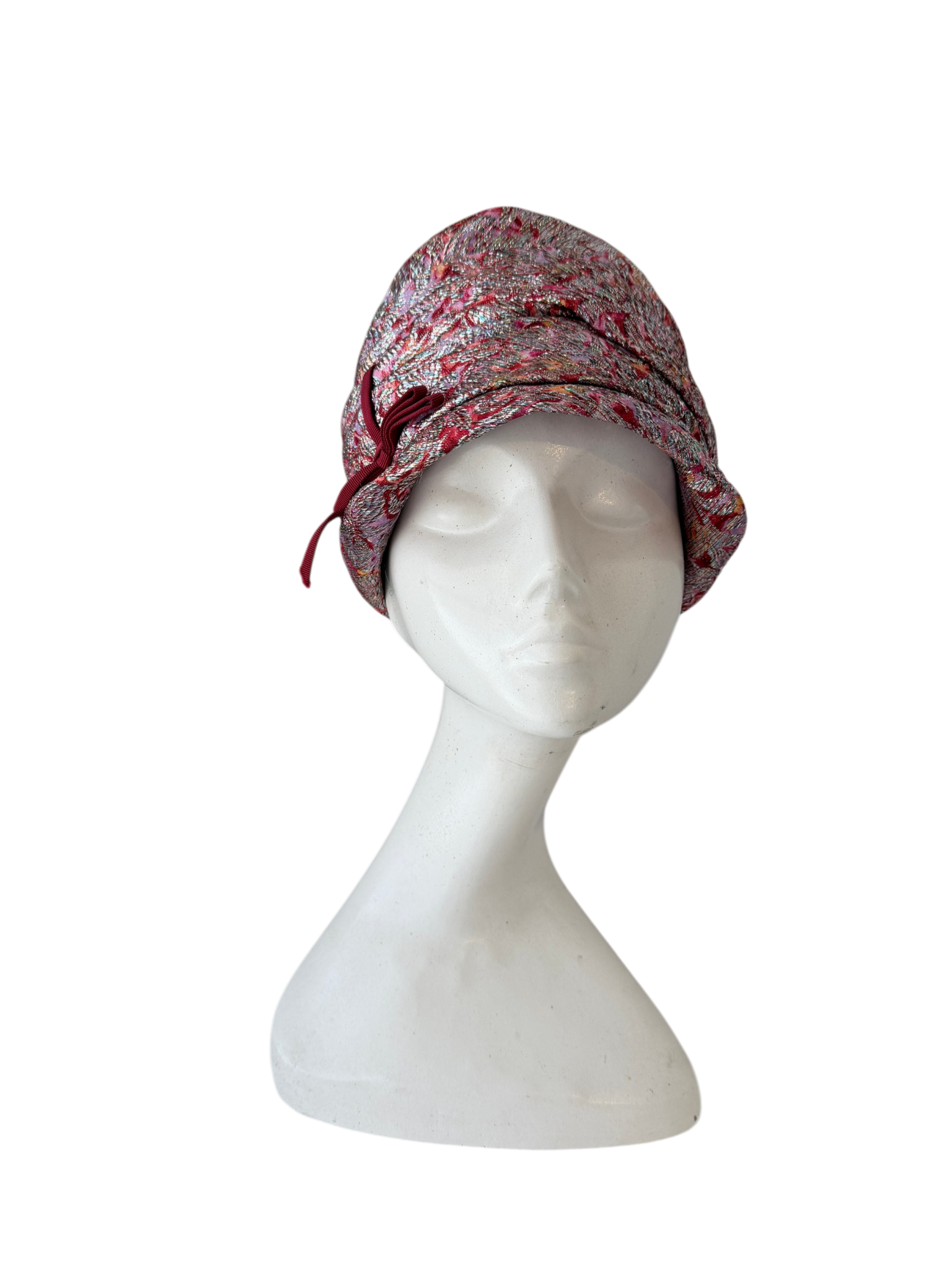 1950s Jacqueline Original Magenta & Silver Lamé Pleated Turban Hat