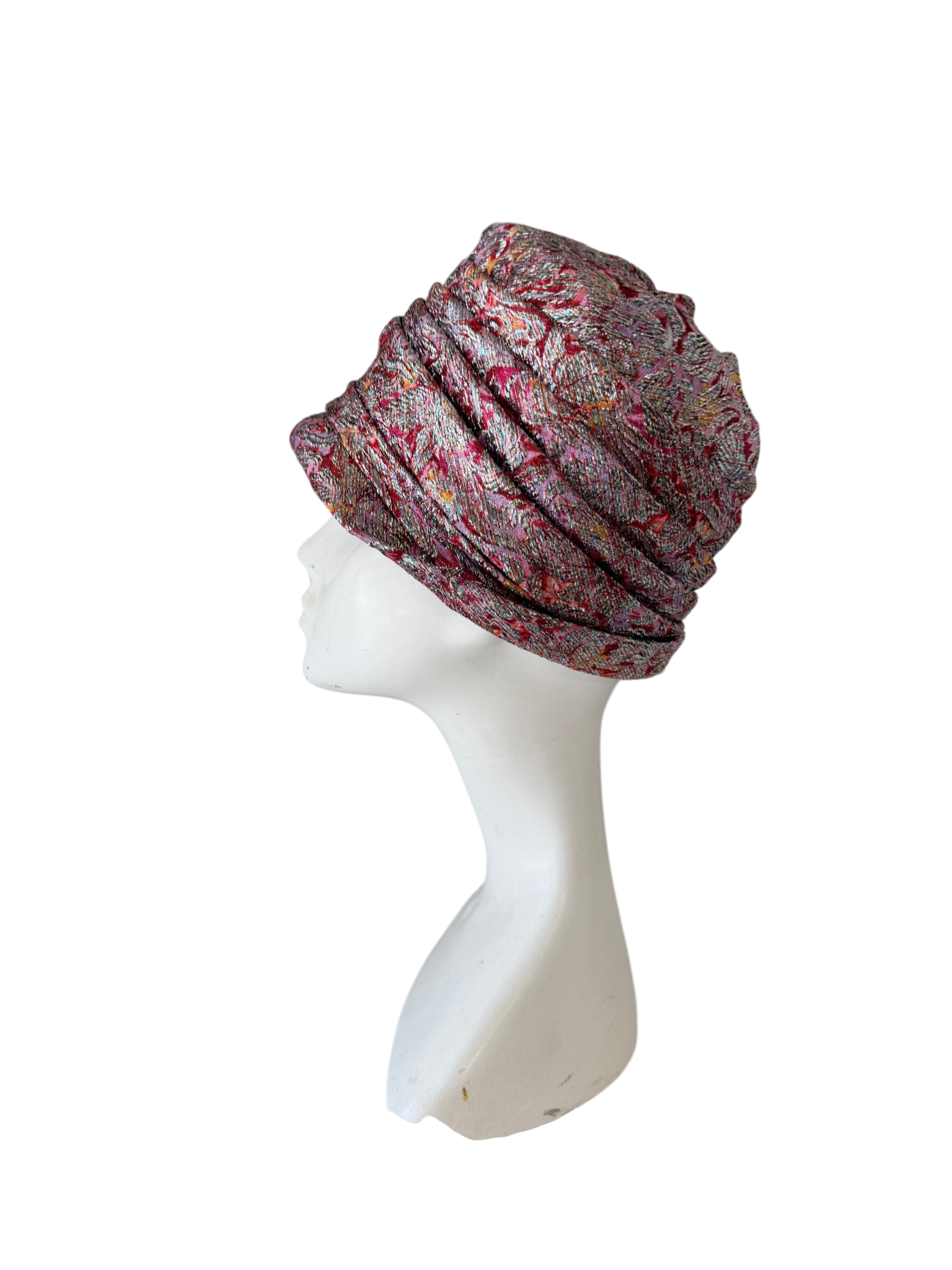 1950s Jacqueline Original Magenta & Silver Lamé Pleated Turban Hat