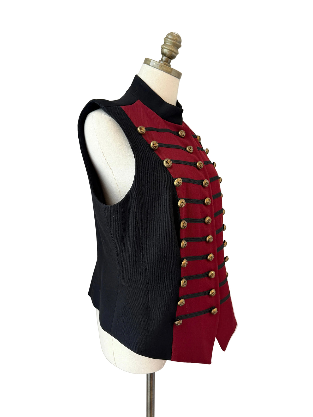 1980s DKNY Burgundy & Black Wool Military-Inspired Vest with Triple Brass Buttons