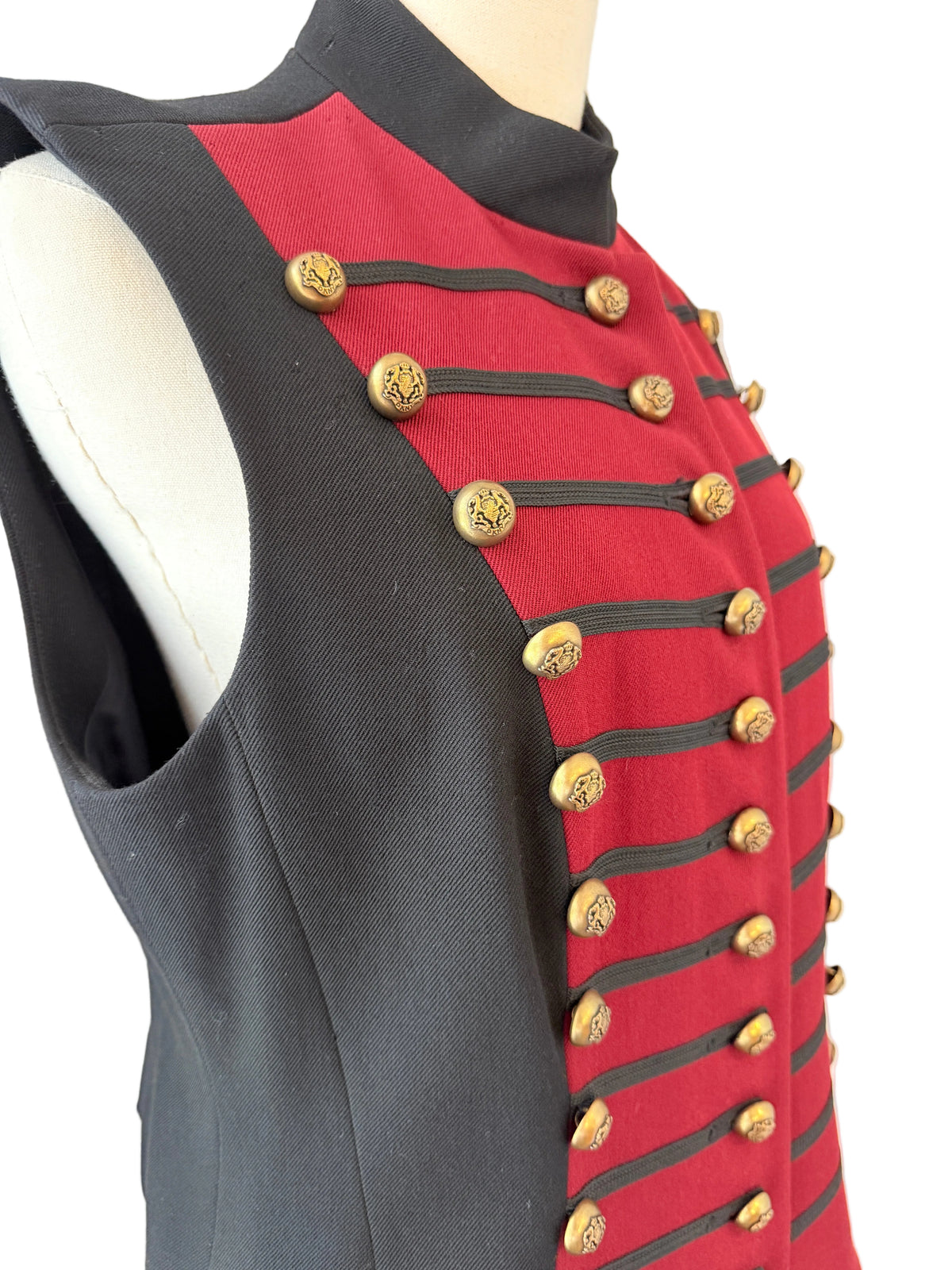 1980s DKNY Burgundy & Black Wool Military-Inspired Vest with Triple Brass Buttons