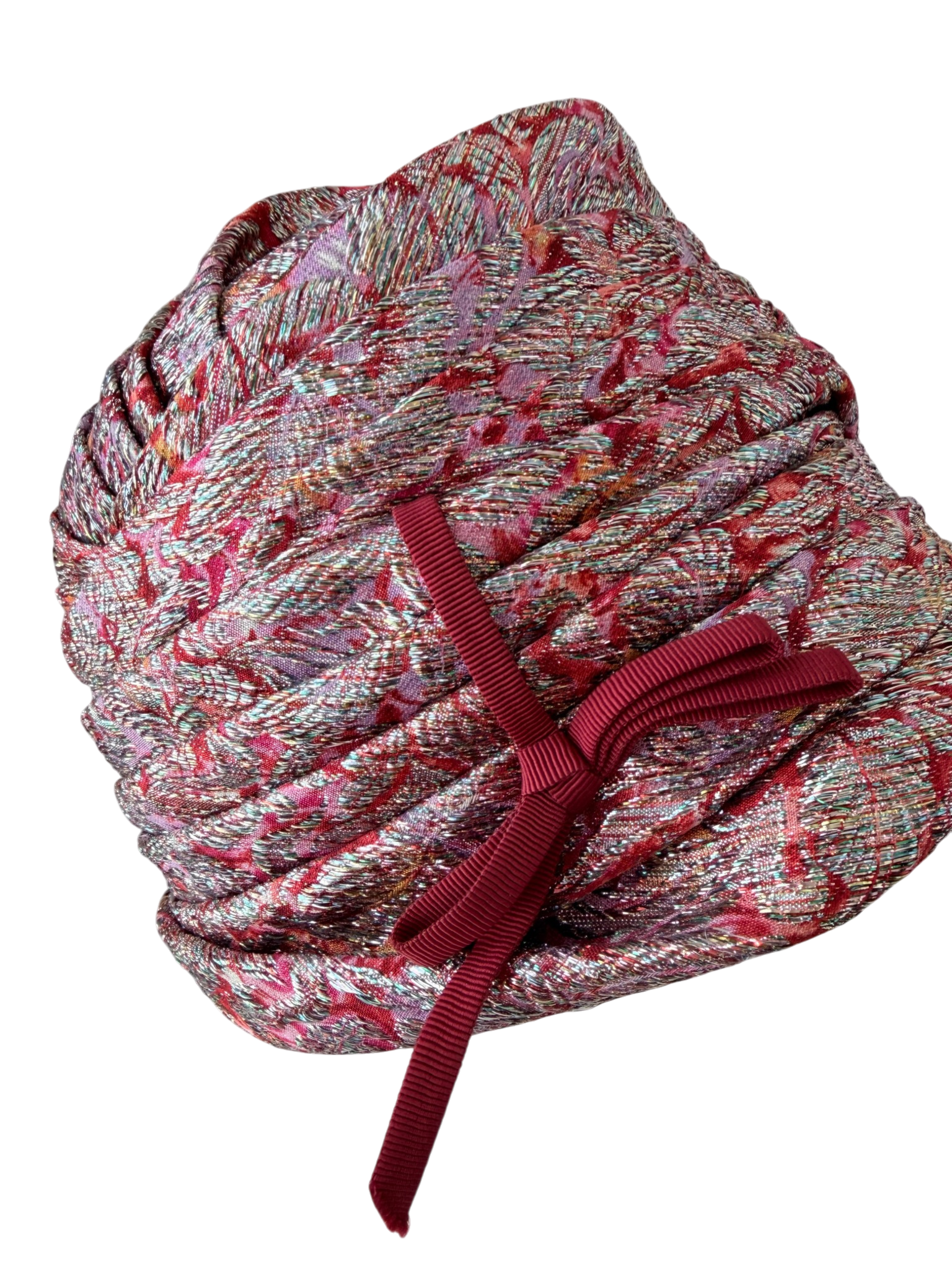 1950s Jacqueline Original Magenta & Silver Lamé Pleated Turban Hat