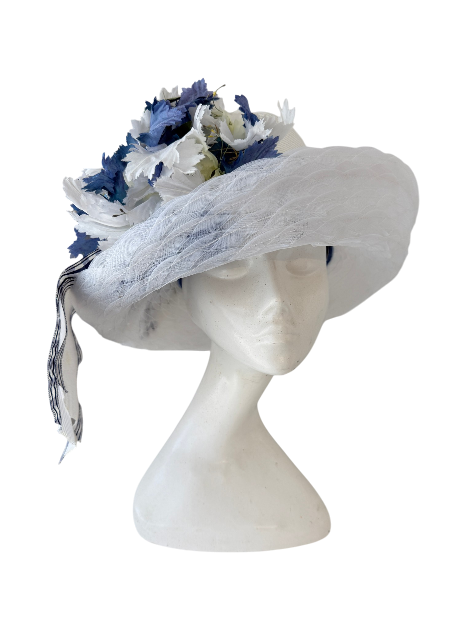 2001 Signed Eric Javits white raffia hat with braided brim and blue/white plaid statment bow with elaborate floral bouquet