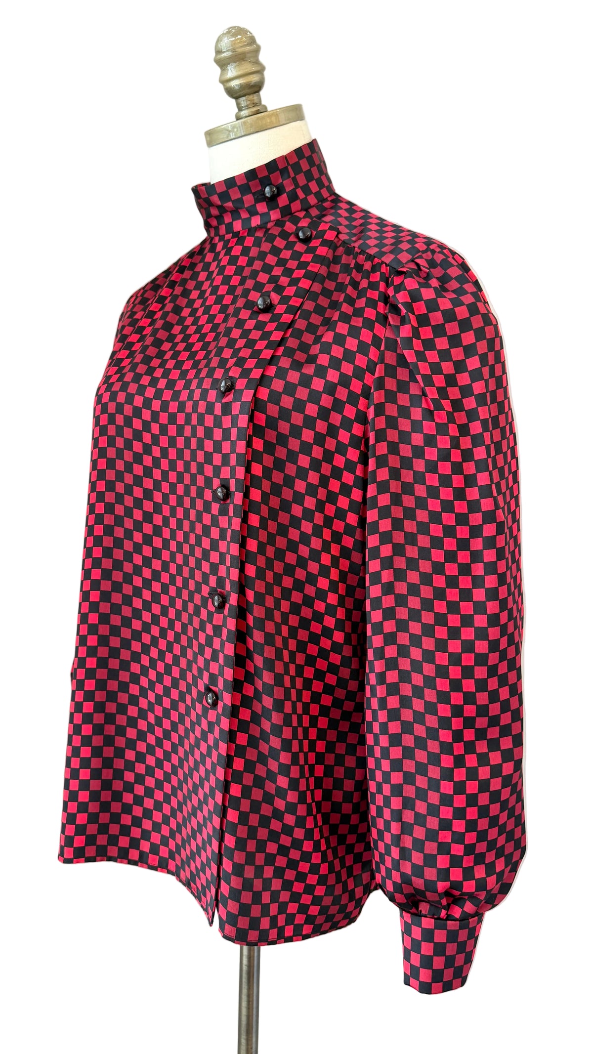 1970s Nina Ricci Black & Red Checkered Silk Blouse