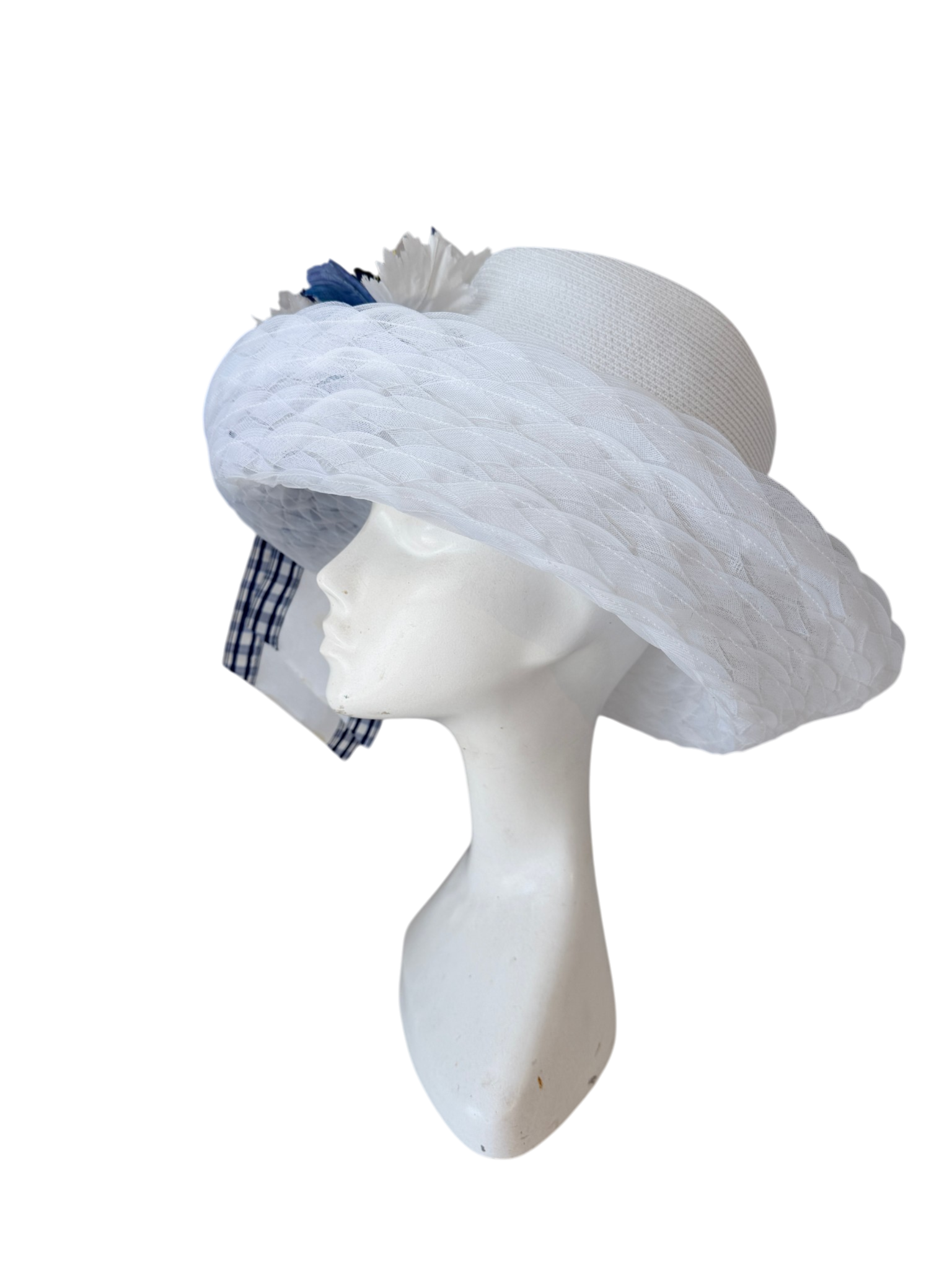 2001 Signed Eric Javits white raffia hat with braided brim and blue/white plaid statment bow with elaborate floral bouquet