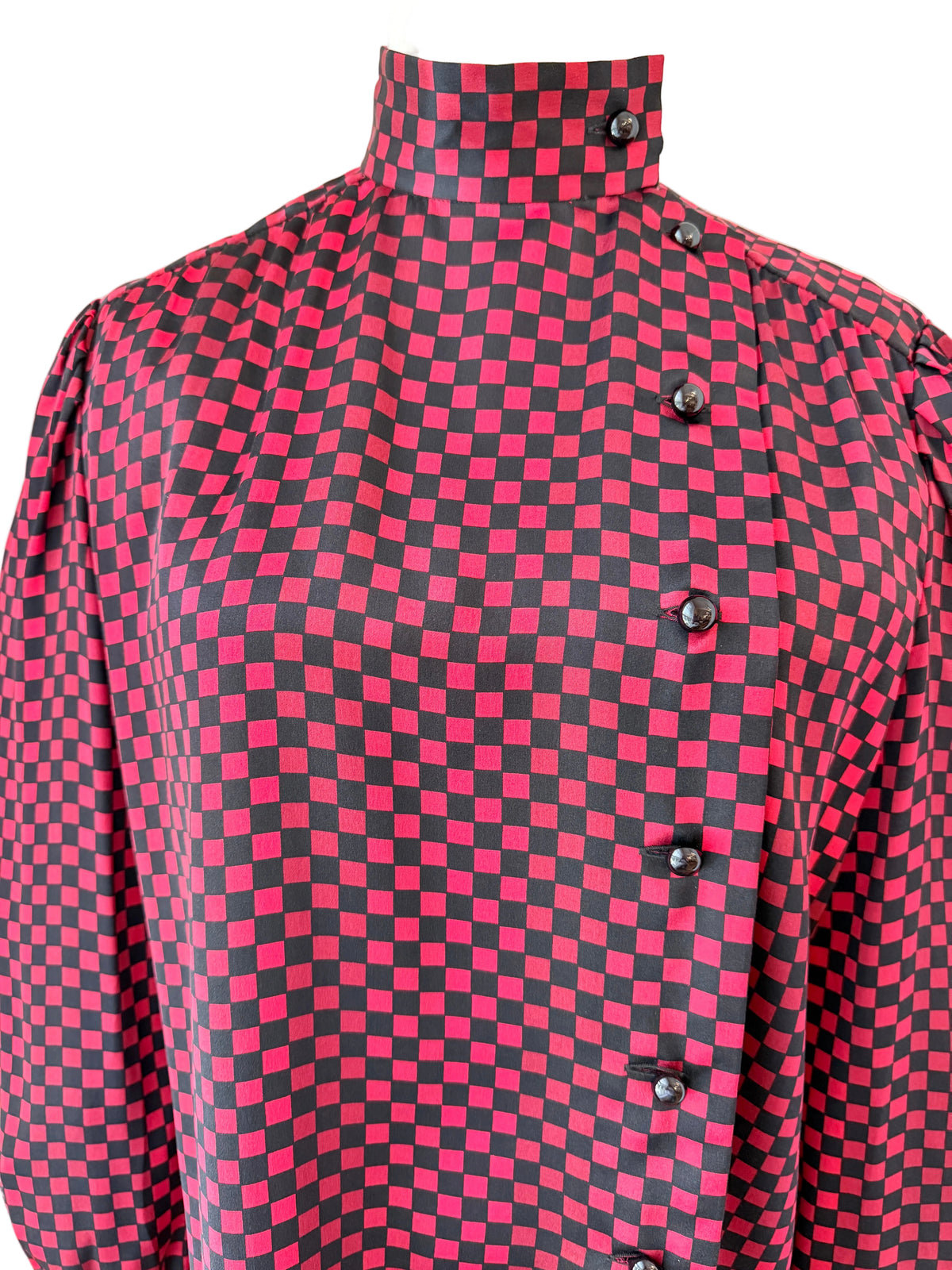 1970s Nina Ricci Black & Red Checkered Silk Blouse