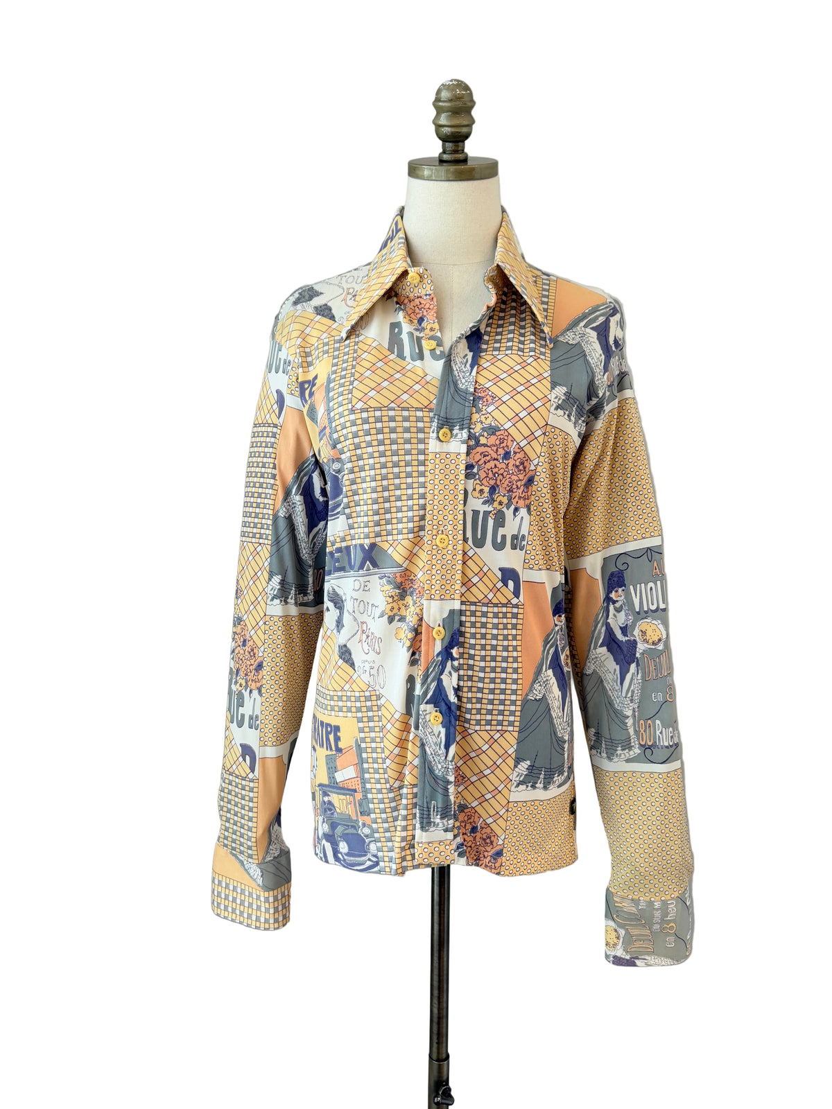 1970s Montgomery Ward “The Chain” French Bistro Novelty Print Blouse with dagger collar
