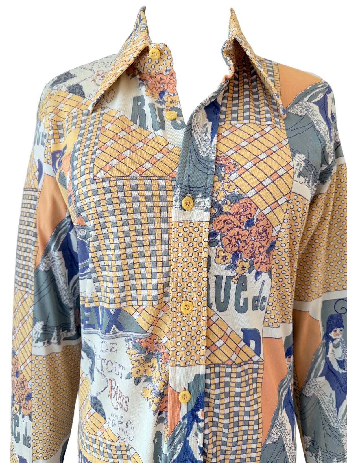 1970s Montgomery Ward “The Chain” French Bistro Novelty Print Blouse with dagger collar