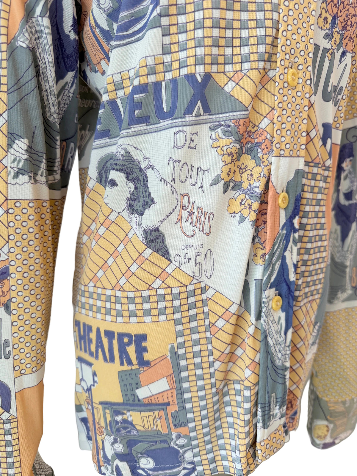 1970s Montgomery Ward “The Chain” French Bistro Novelty Print Blouse with dagger collar