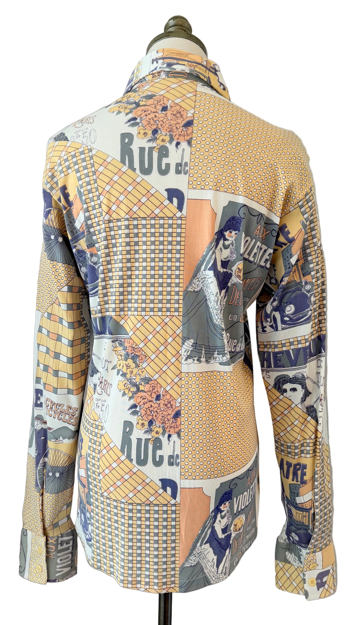 1970s Montgomery Ward “The Chain” French Bistro Novelty Print Blouse with dagger collar