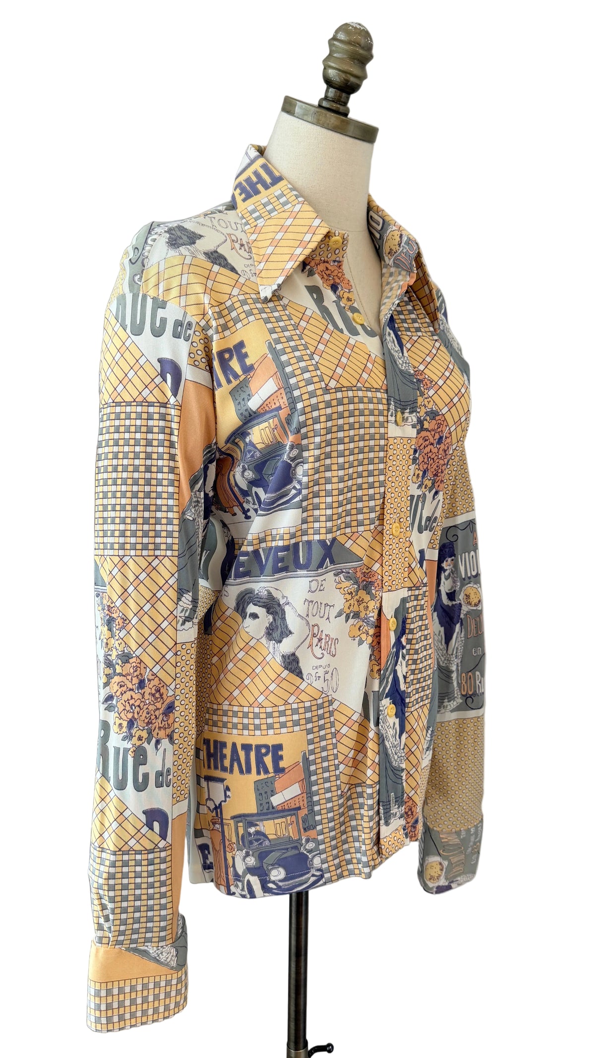 1970s Montgomery Ward “The Chain” French Bistro Novelty Print Blouse with dagger collar