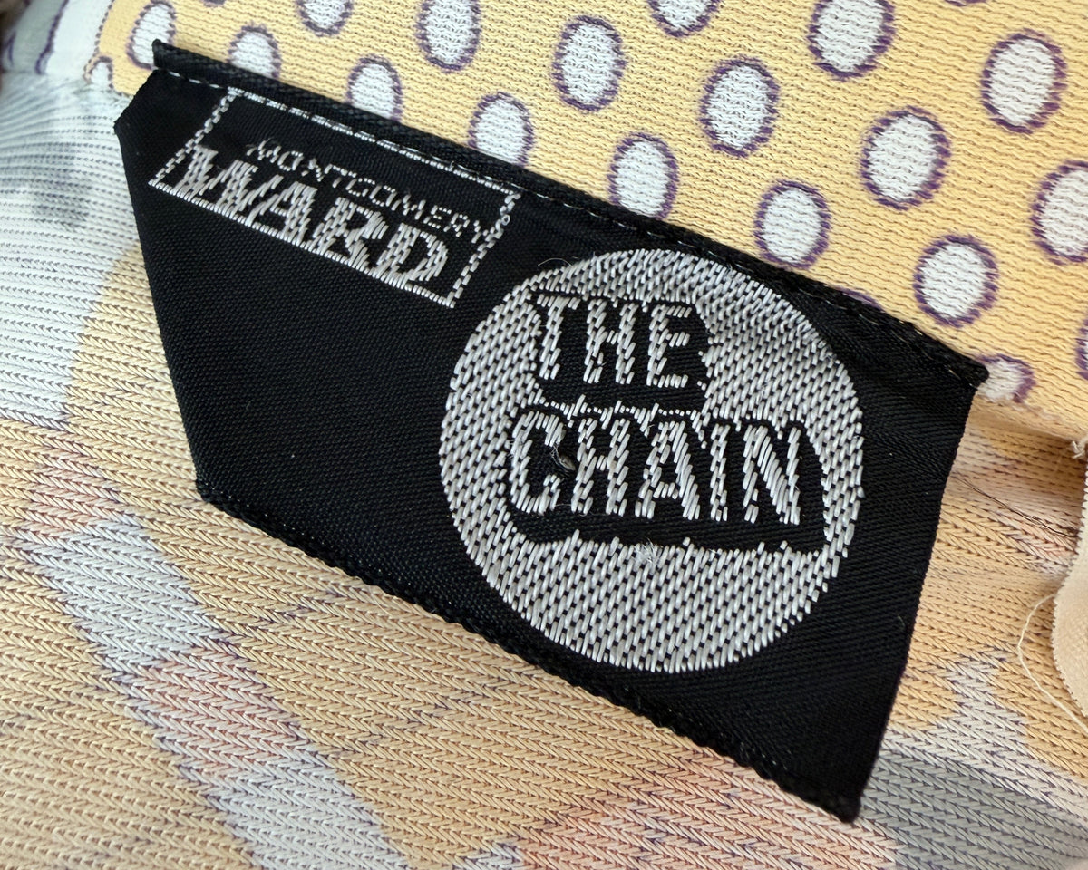 1970s Montgomery Ward “The Chain” French Bistro Novelty Print Blouse with dagger collar