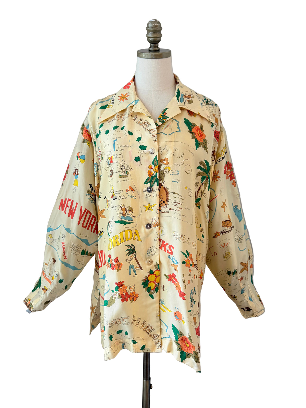 1980s Times Seven by Todd Oldham Silk Button-Front Blouse with Southern Travel Novelty Print
