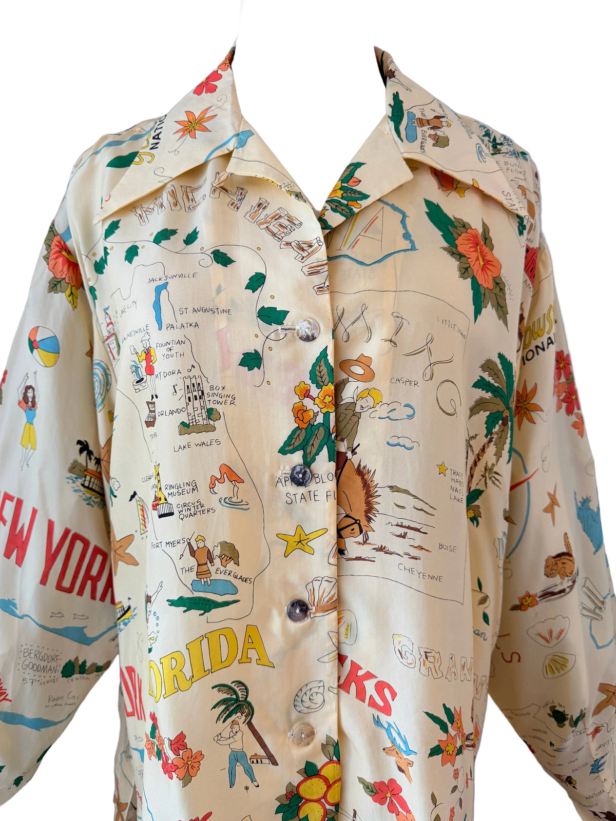 1980s Times Seven by Todd Oldham Silk Button-Front Blouse with Southern Travel Novelty Print