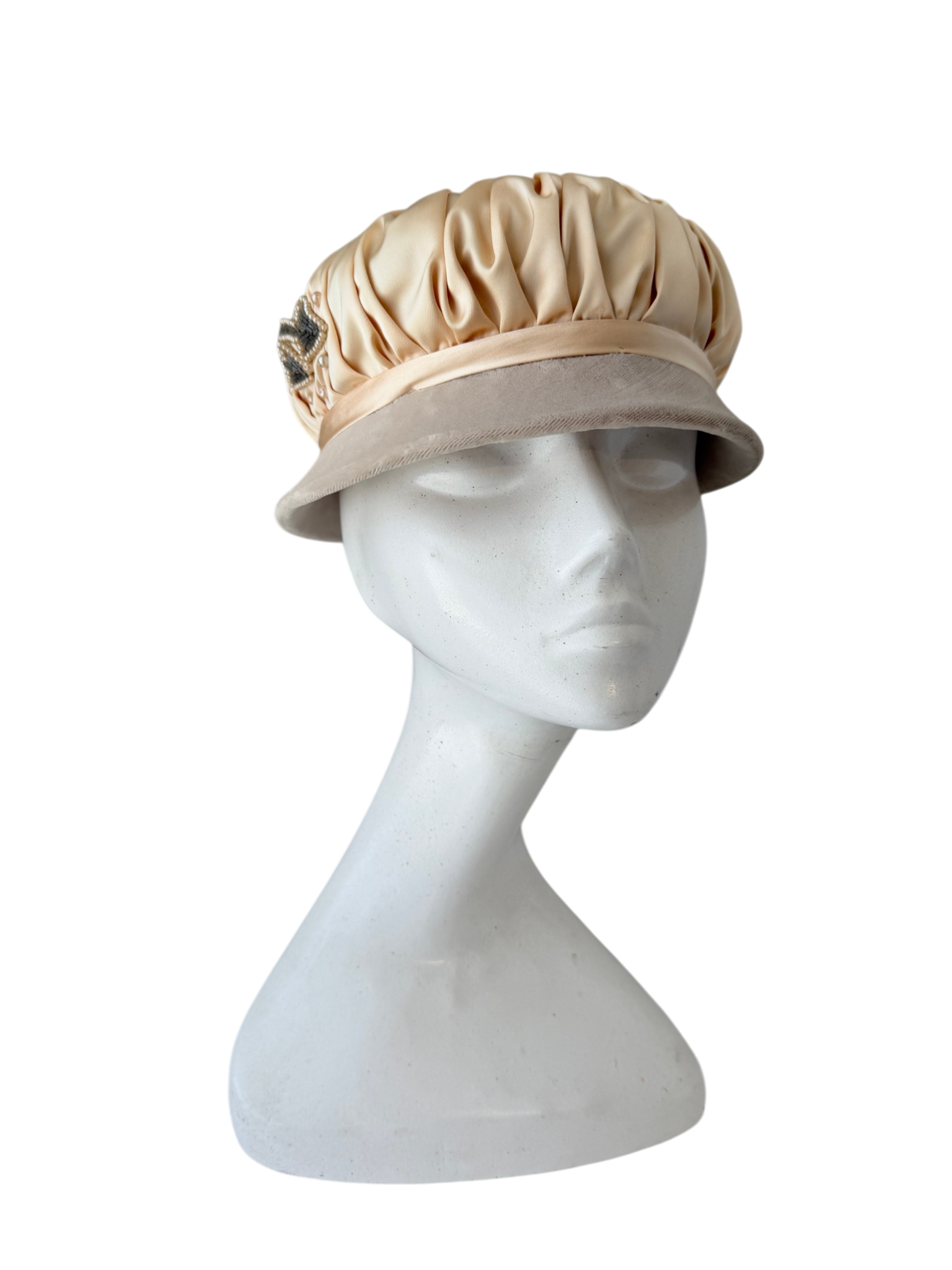 1940s Styled by Eduard Blush Velvet Hat with Silk Overlay and Beaded Detail