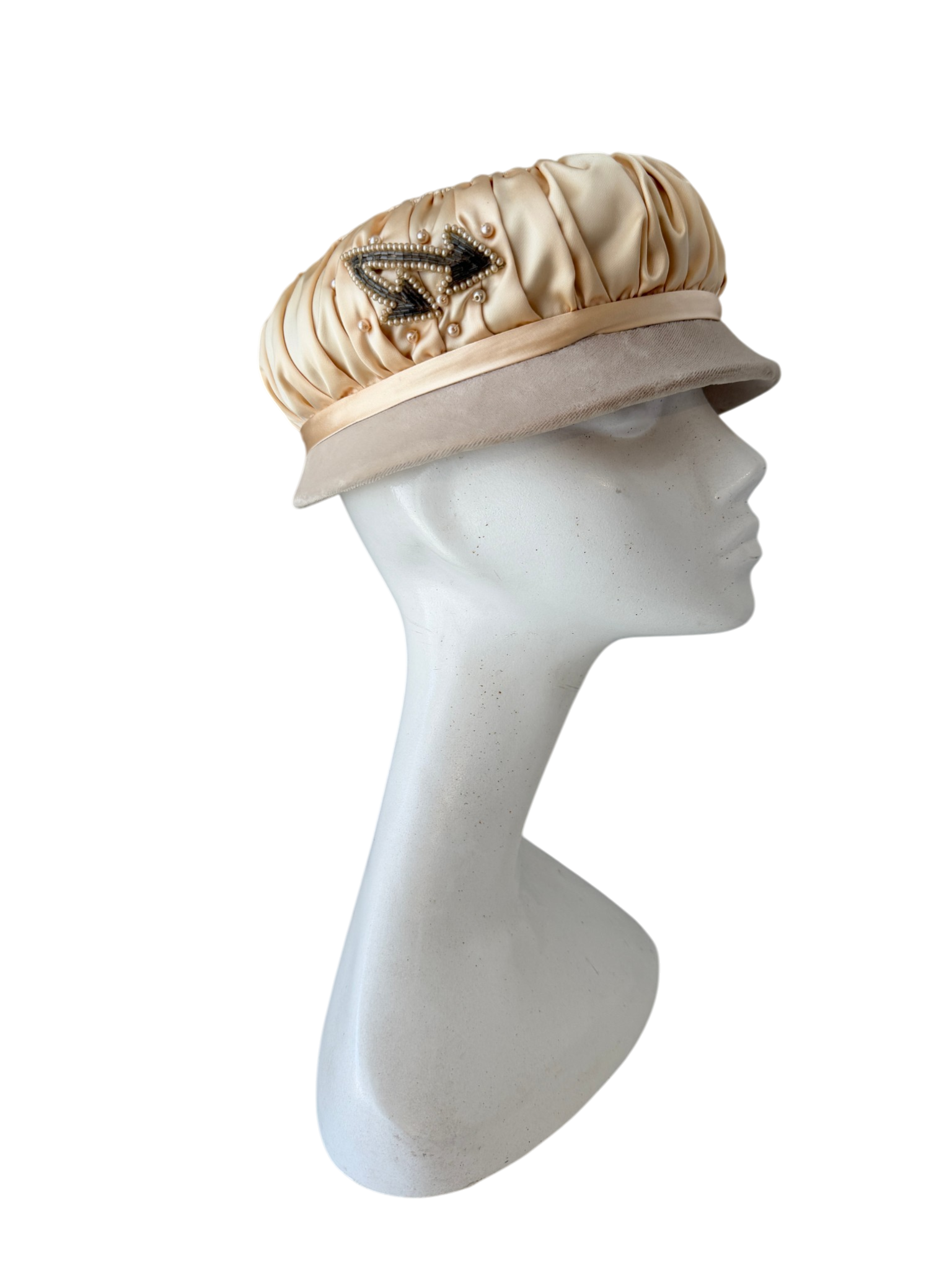 1940s Styled by Eduard Blush Velvet Hat with Silk Overlay and Beaded Detail
