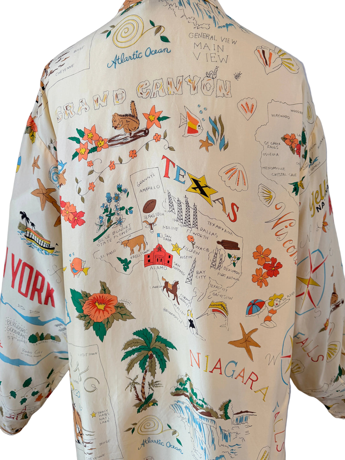 1980s Times Seven by Todd Oldham Silk Button-Front Blouse with Southern Travel Novelty Print