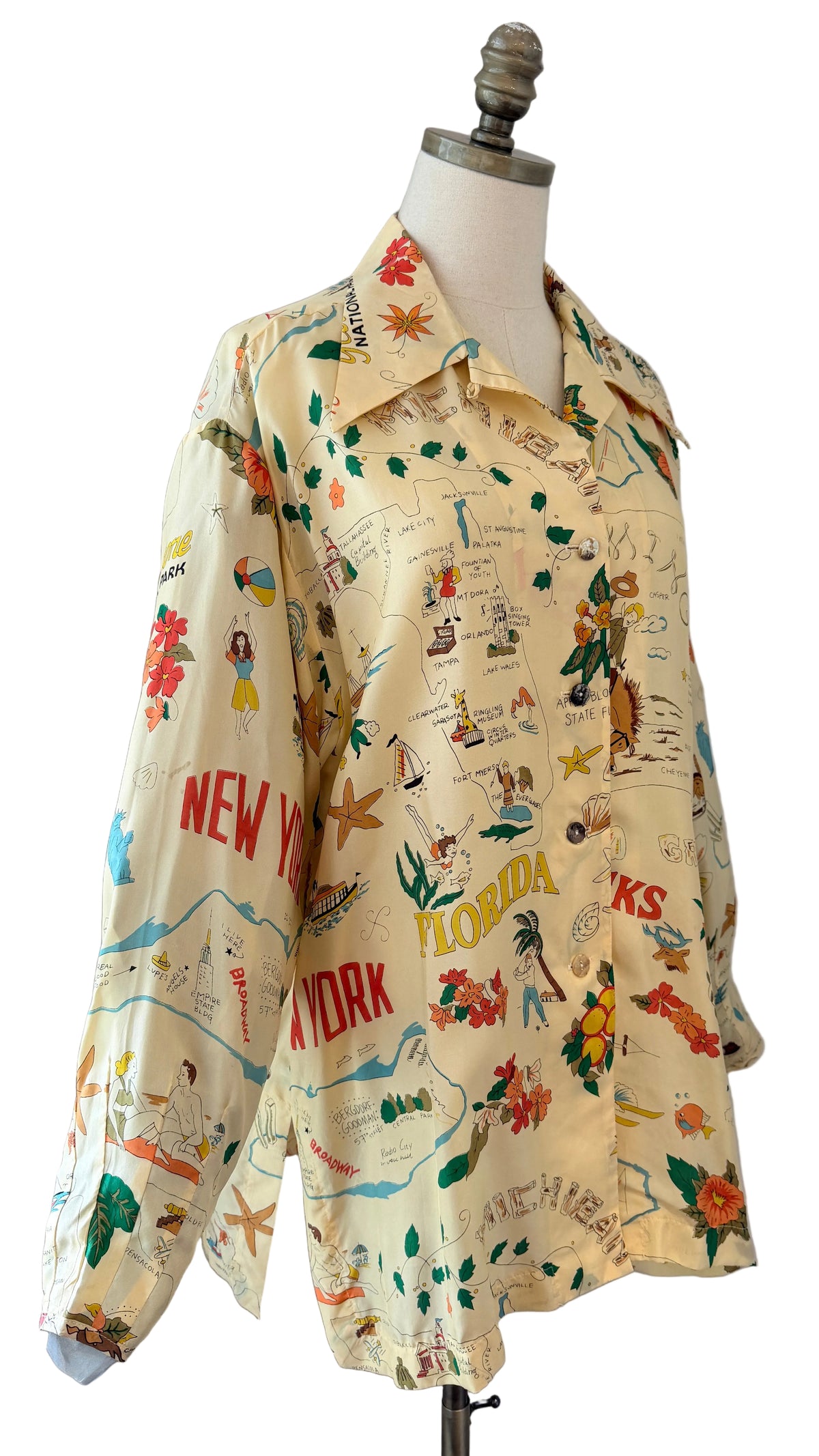 1980s Times Seven by Todd Oldham Silk Button-Front Blouse with Southern Travel Novelty Print
