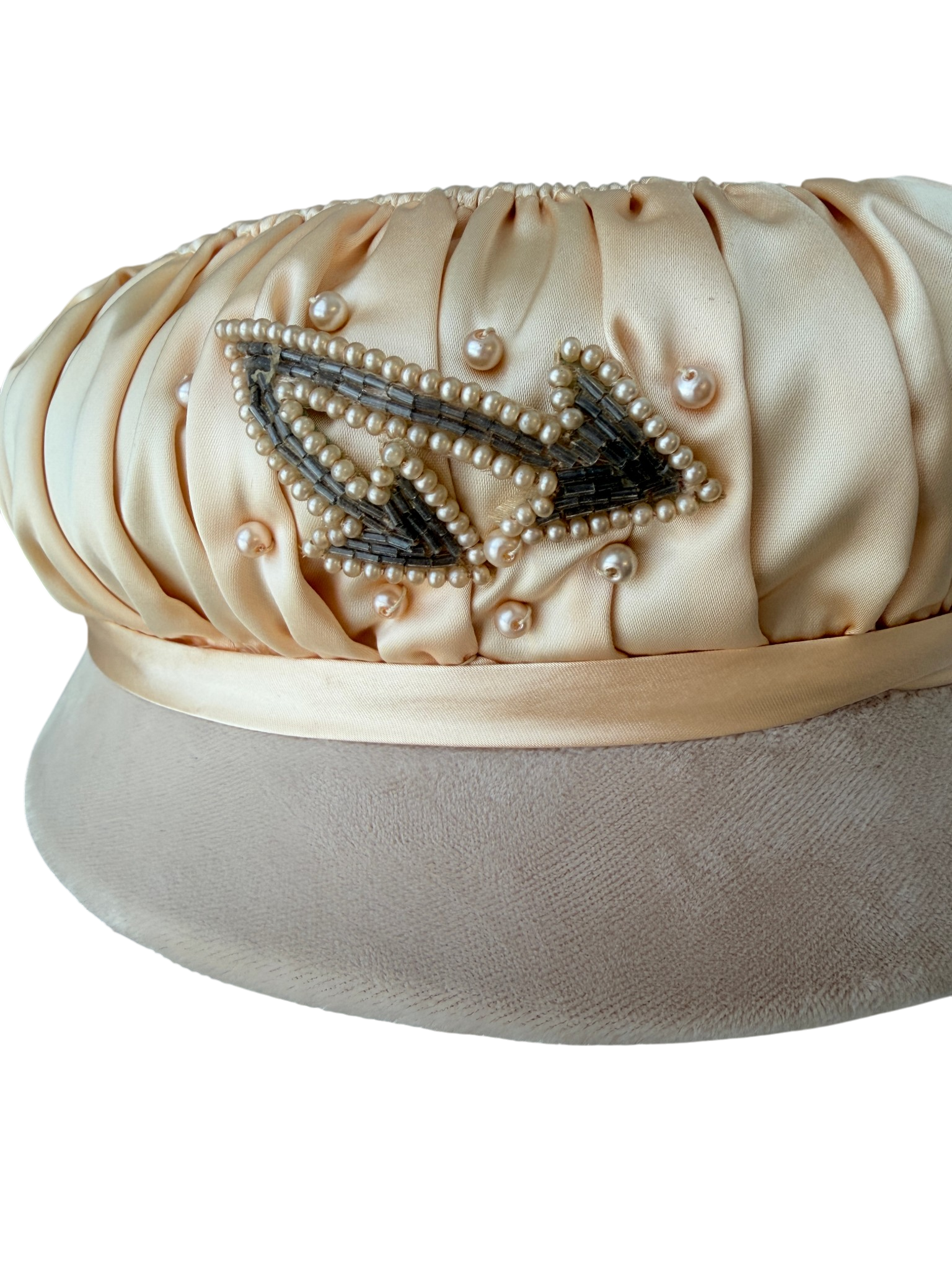 1940s Styled by Eduard Blush Velvet Hat with Silk Overlay and Beaded Detail