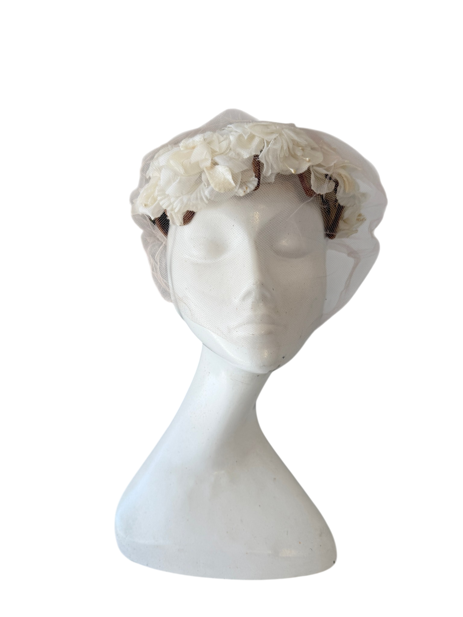 1940s Ivory Silk Floral Fascinator with Velvet Bow and Blush Netting