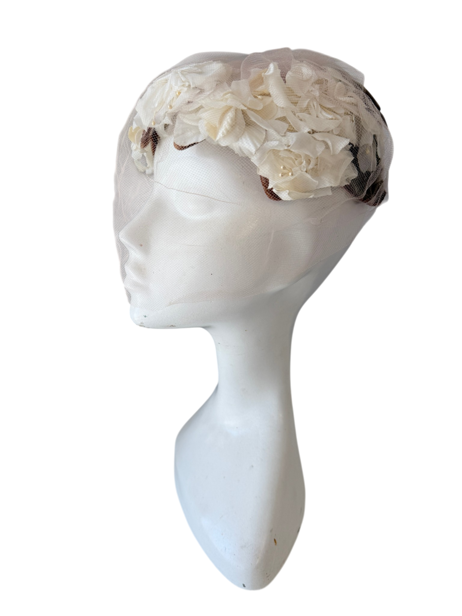 1940s Ivory Silk Floral Fascinator with Velvet Bow and Blush Netting
