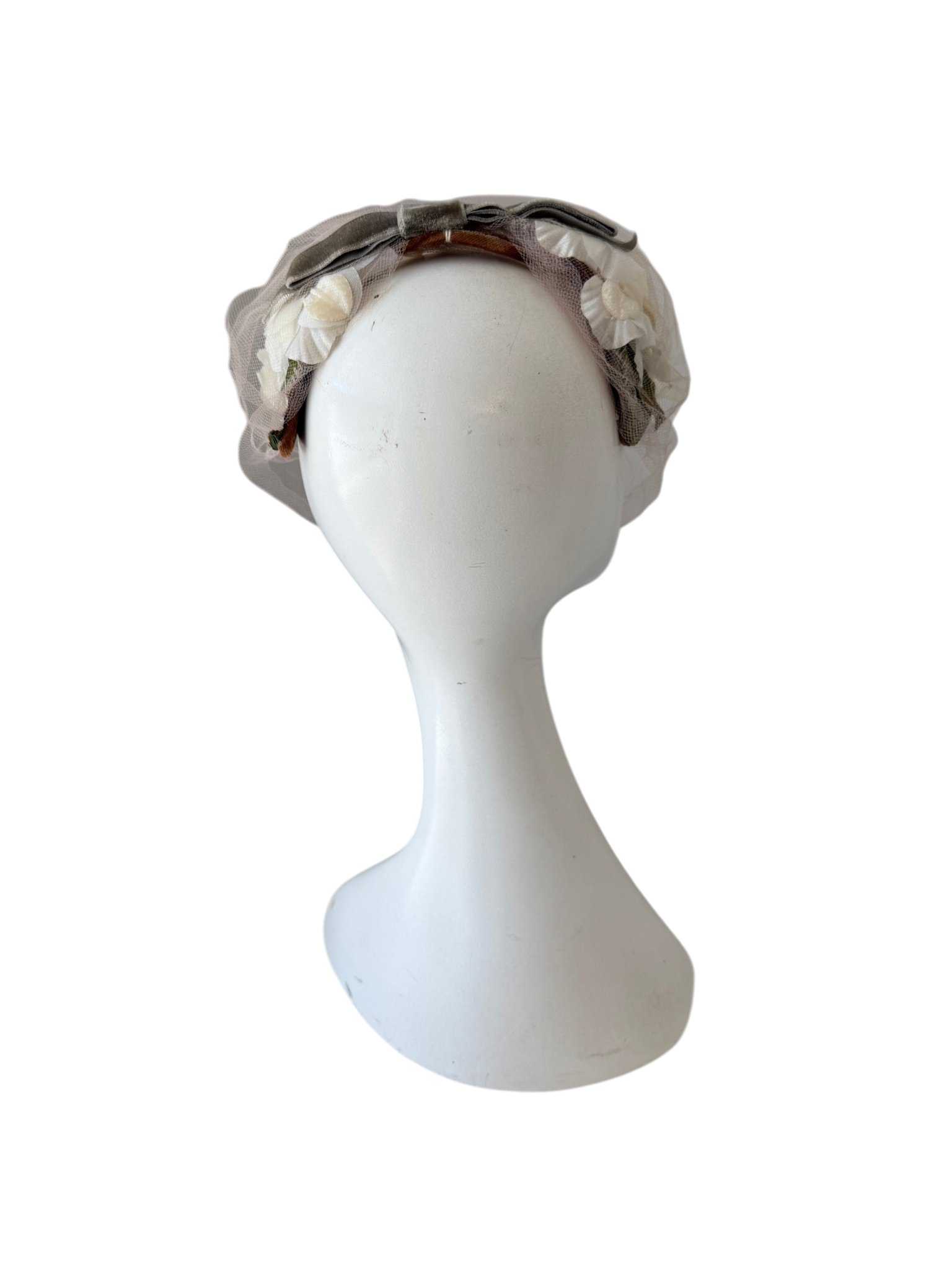 1940s Ivory Silk Floral Fascinator with Velvet Bow and Blush Netting
