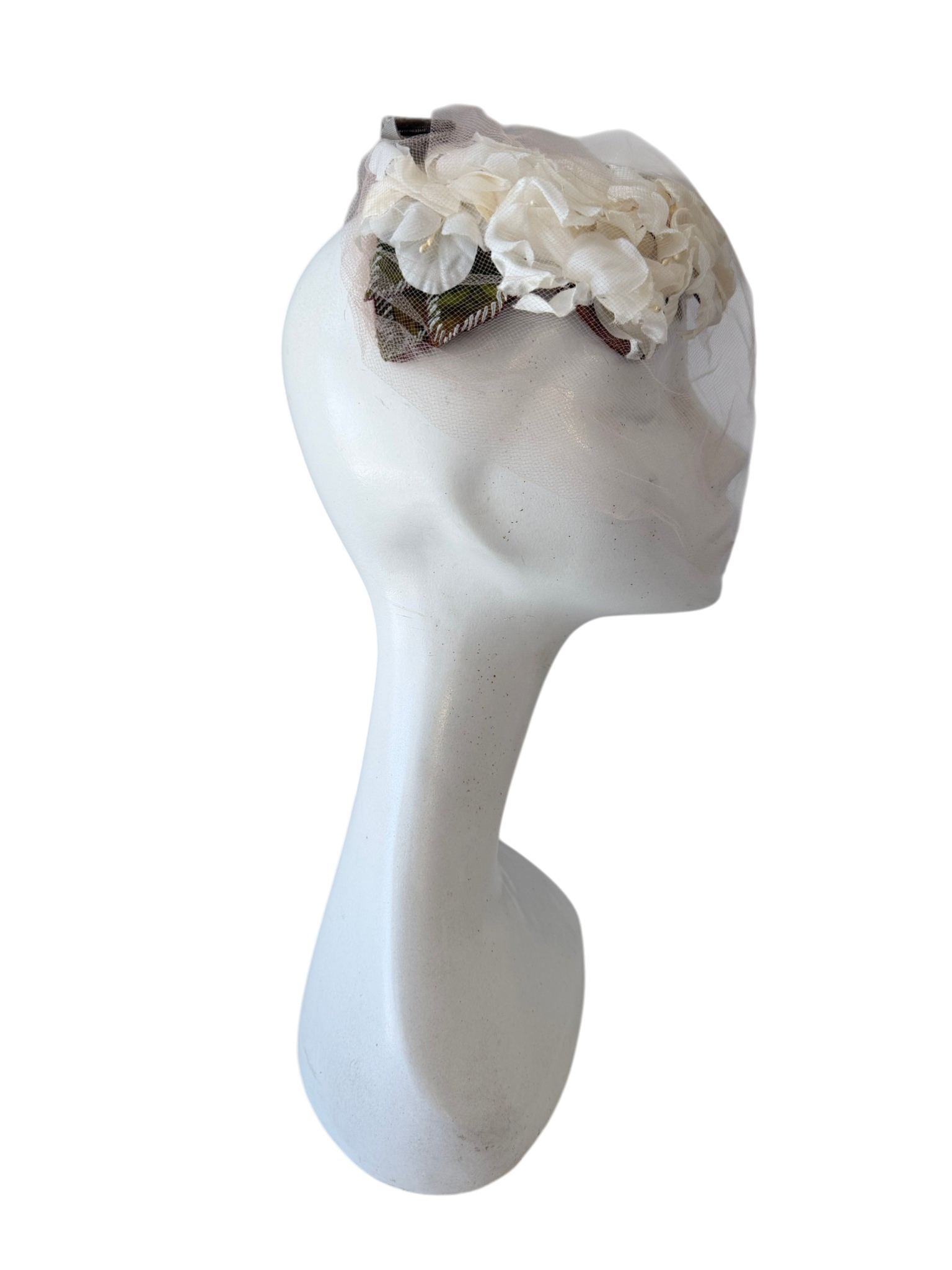 1940s Ivory Silk Floral Fascinator with Velvet Bow and Blush Netting