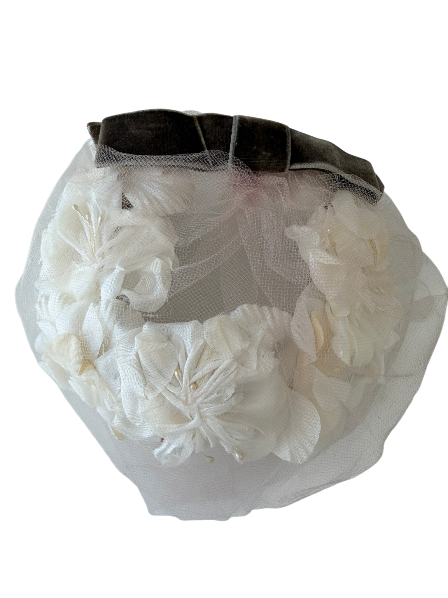 1940s Ivory Silk Floral Fascinator with Velvet Bow and Blush Netting