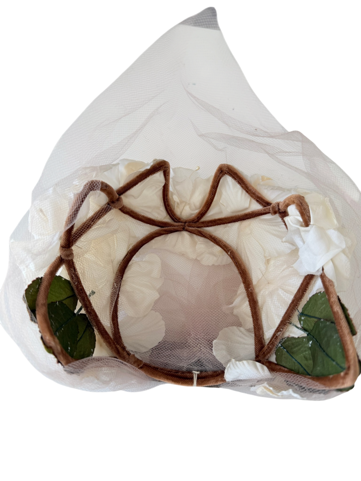 1940s Ivory Silk Floral Fascinator with Velvet Bow and Blush Netting