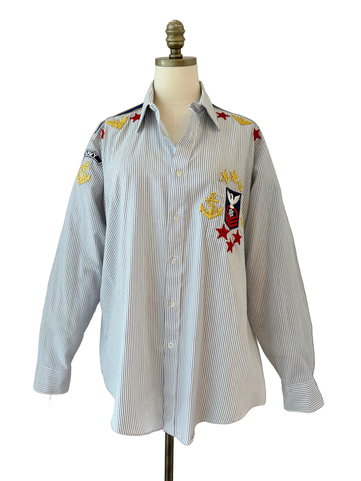 1980s Men's Striped Button-Front Shirt with Naval Patch Embellishments