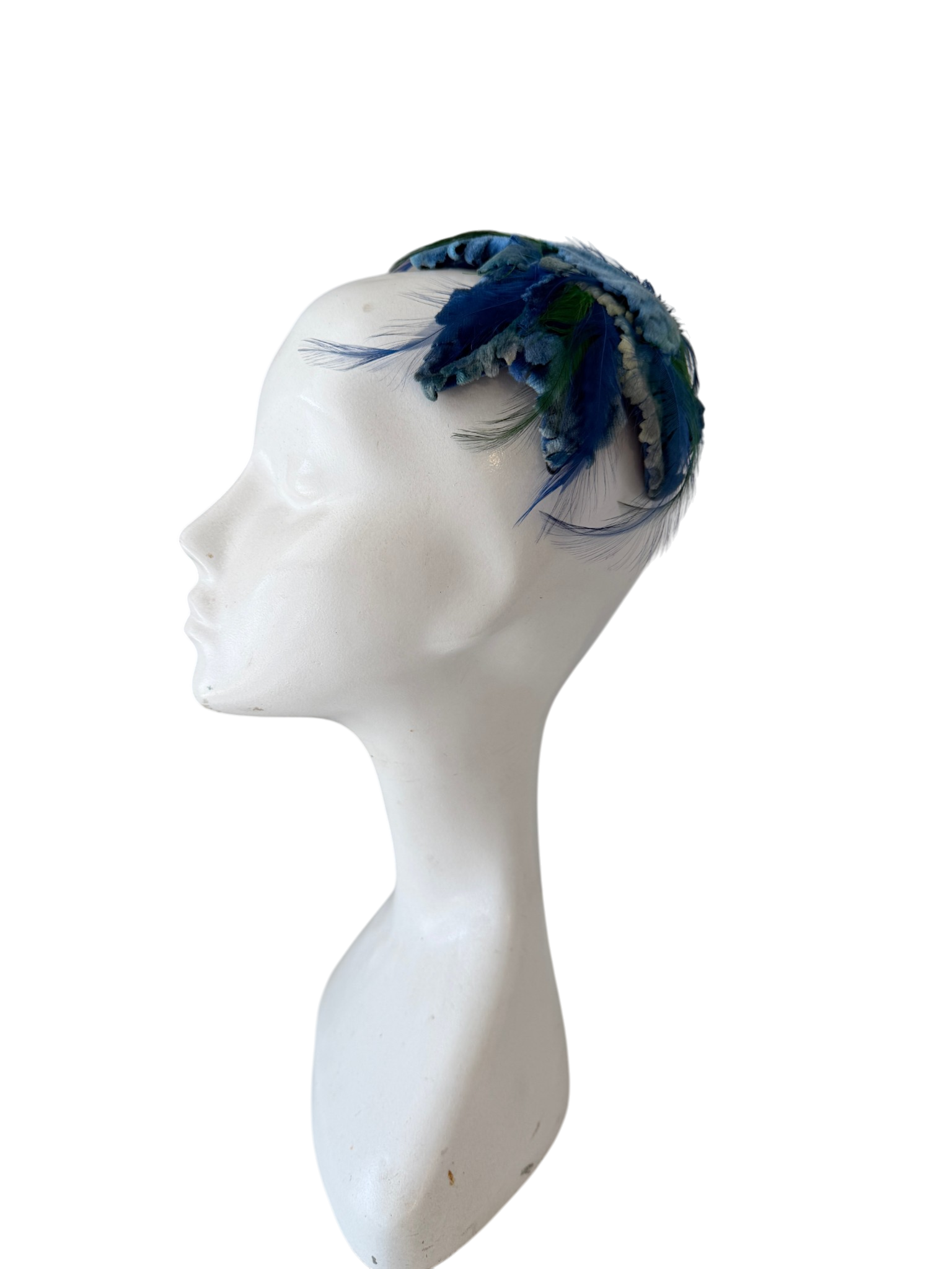 1940s Peck & Peck Blue Velvet Leaf Cage Fascinator with Feathers