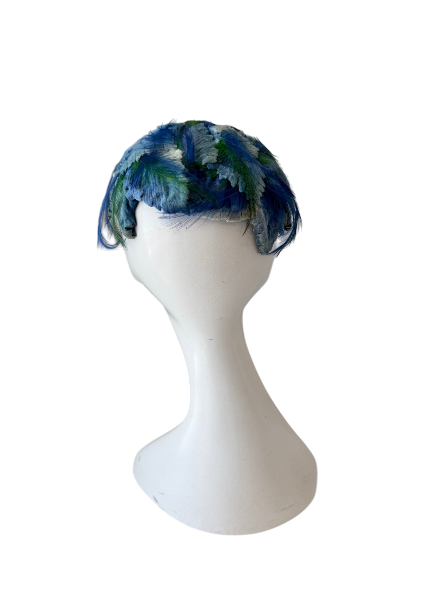 1940s Peck & Peck Blue Velvet Leaf Cage Fascinator with Feathers