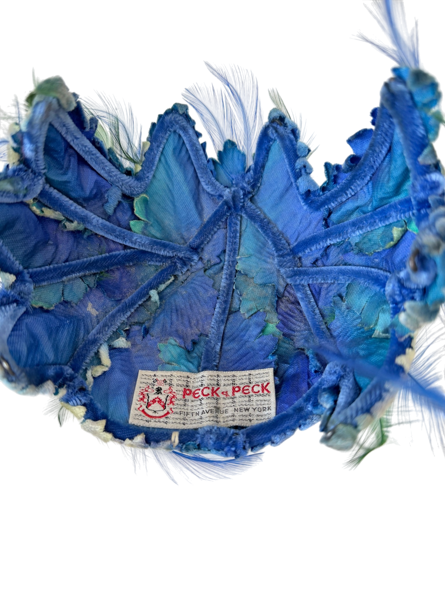 1940s Peck & Peck Blue Velvet Leaf Cage Fascinator with Feathers