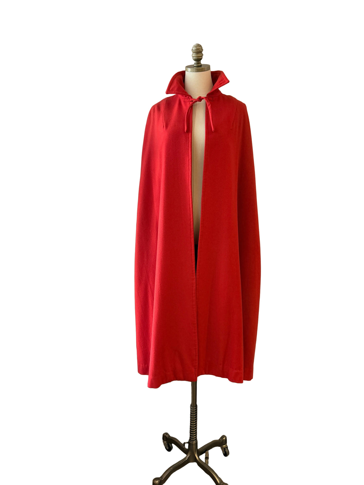 1970s Red Wool Cape with Neck Tie, Arm Openings &amp; Silk Georgette Lining