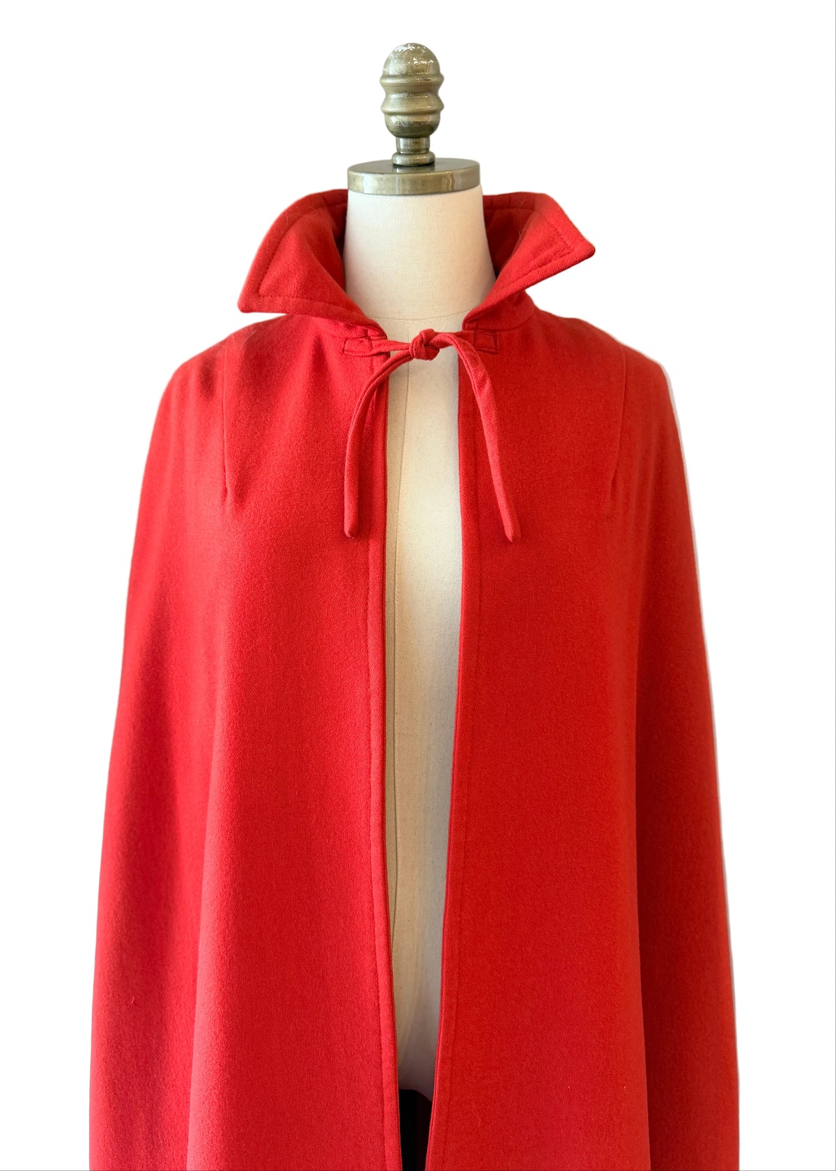1970s Red Wool Cape with Neck Tie, Arm Openings &amp; Silk Georgette Lining