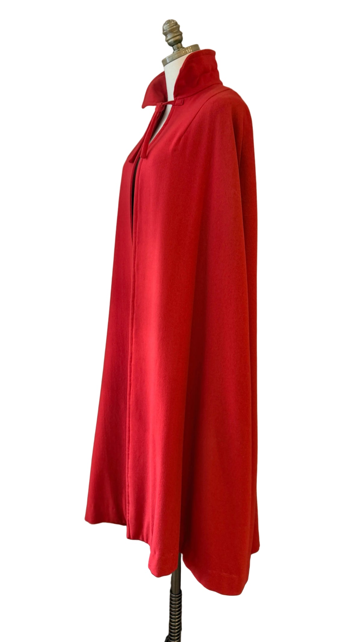 1970s Red Wool Cape with Neck Tie, Arm Openings &amp; Silk Georgette Lining