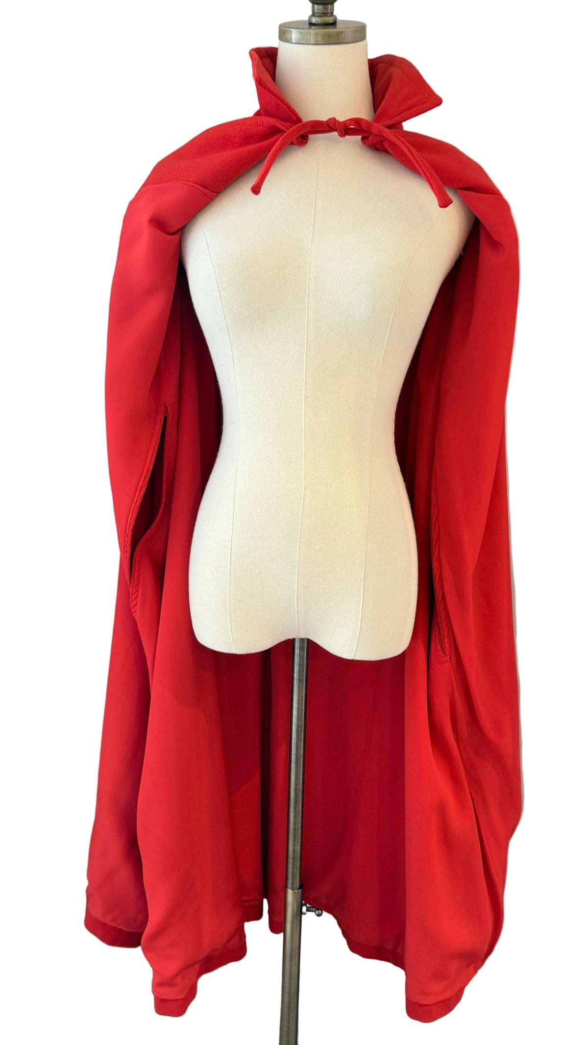 1970s Red Wool Cape with Neck Tie, Arm Openings &amp; Silk Georgette Lining