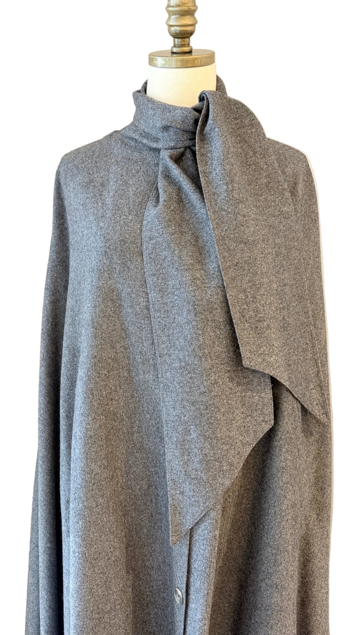 1970s Jaeger Grey Wool Button-Front Cape with Wrap Tie Neckline