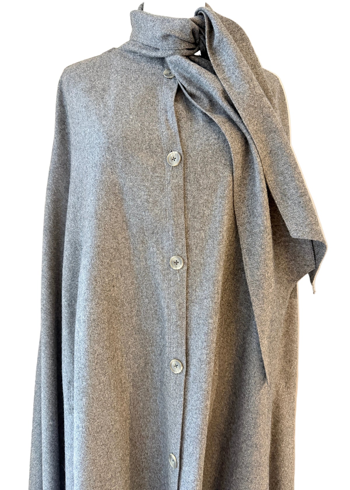 1970s Jaeger Grey Wool Button-Front Cape with Wrap Tie Neckline