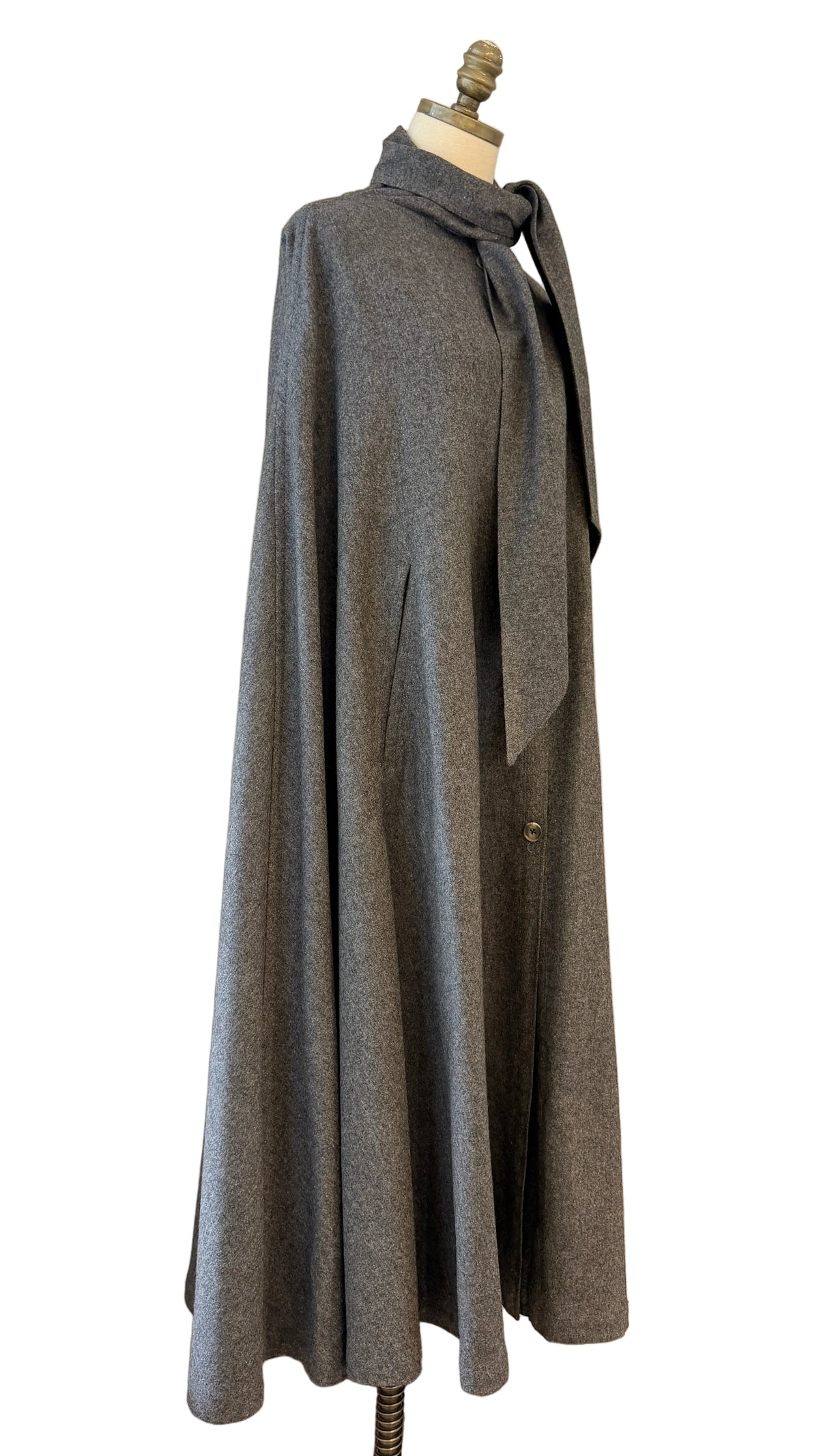 1970s Jaeger Grey Wool Button-Front Cape with Wrap Tie Neckline