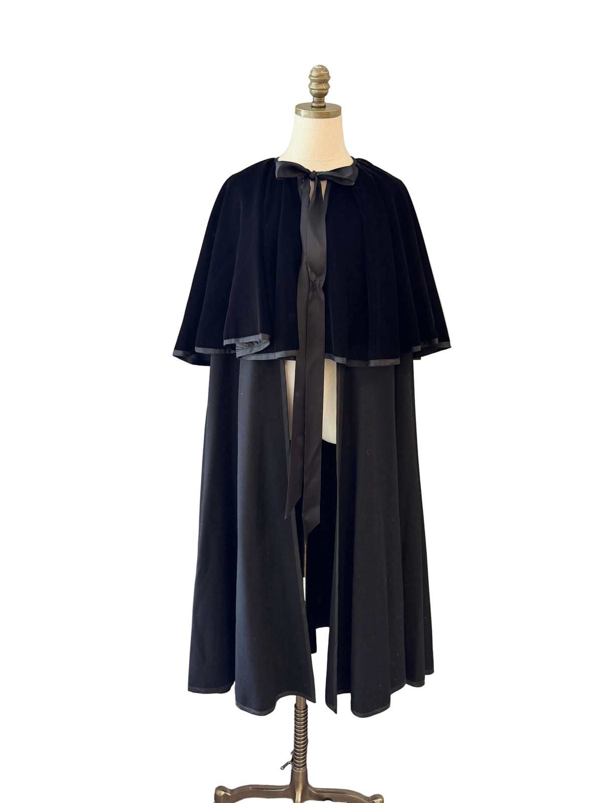 1970s Yves Saint Laurent Black Wool Cape with Velvet Capelet & Satin Neck Tie