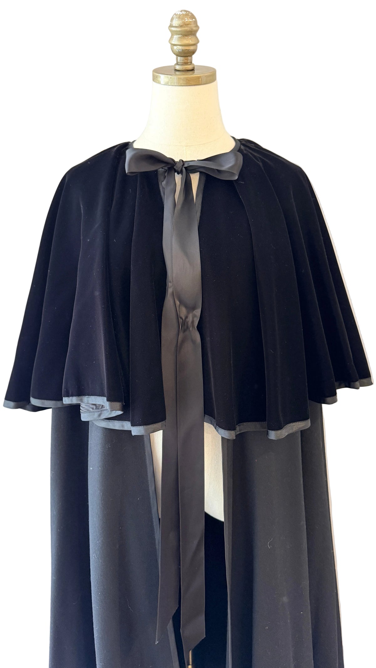 1970s Yves Saint Laurent Black Wool Cape with Velvet Capelet & Satin Neck Tie